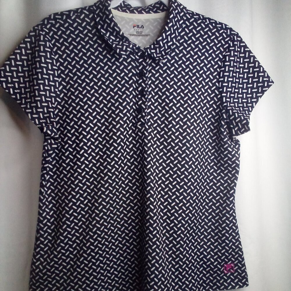 Fila Sport Shirt L Women Short Sleeve Polo Pattern Black White